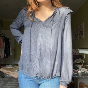 Grey Patterned Long Sleeve Blouse with Ruffle Shoulder